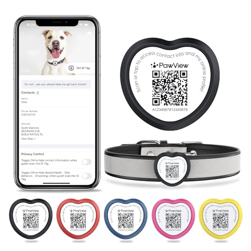 PawView Slide On Dog Tags Personalized for Pets, NFC & QR Code Silent Silicone Cat Tag for Collars & Harnesses - Scan Alert, Instant Location, Pet Profile, APP Control, Heart-Shaped,1 PC