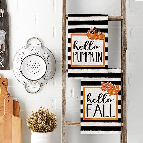 Artoid Mode Stripes Hello Pumpkin Fall Kitchen Towels Dish Towels, 18 X 26 Inch Fall Autumn Harvest Halloween Holiday Ultra Absorbent Drying Cloth Tea Towels For Cooking Baking Set Of 2 #TOP2