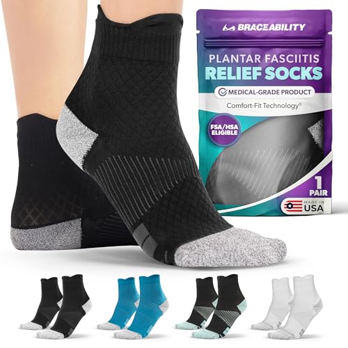 BraceAbility Plantar Fasciitis Socks - Ankle Compression Socks for Foot Pain Relief, Heel Spurs, Achilles Tendonitis, Full-Toe Arch Support Sleeve Socks for Women and Men (1 Pair - M Black)