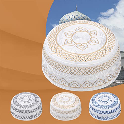 Image of Men Muslim Prayer Kufi Hat Prayer Headwear Cap Islamic Beanie Skull Cap Embroidery Kofia Topi Sun Hat