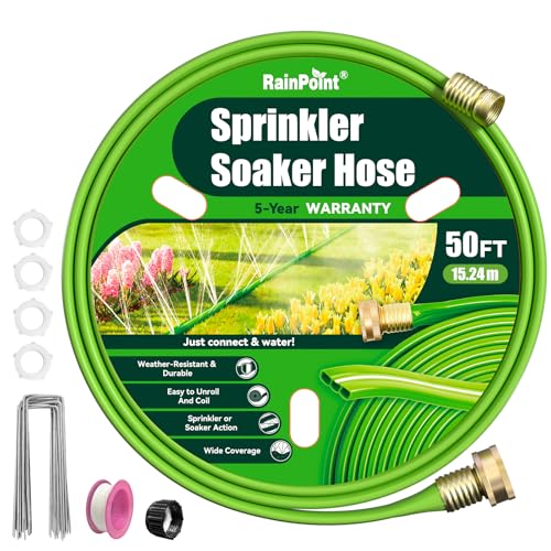 RAINPOINT Sprinkler Hose with Holes 50FT, Flat Soaker Hose with Stakes, Lightweight Water Irrigation...