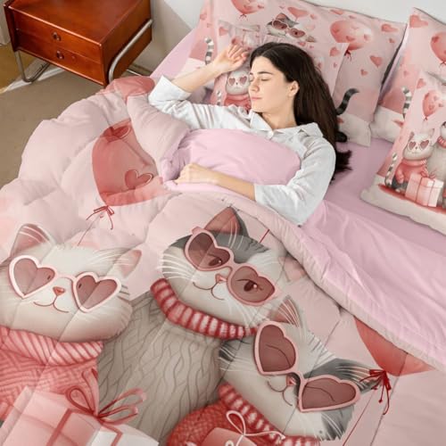 Image of Lovely Cats Comforter Set Full 7 Pcs Cute Cartoon Kitty Pink Heart Balloon Bedding Sets Valentine's Day Romantic Love All Season Comforter Flat Sheet Fitted Sheet 2 Pillowcases 2 Throw Pillow Covers