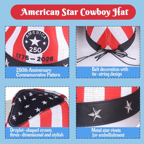 Image of Evankin American Flag Hat, USA Western Cowboy Hat on July 4th | American Flag Hat, 4th of July Patriotic Hat,USA Western Cowboy Hat, Straw Weaving Star,Summer Sunhat for Men and Women