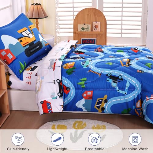 Image of Cars Toddler Bedding Sets for Boys, 4 Pieces Toddler Comforter Bed Set, Truck Vehicles Excavator Cars Printed All Season with Comforter, Flat Sheet, Fitted Sheet and Pillowcase, Blue White