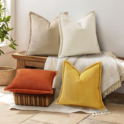 decorUhome Fall Corduroy Mustard Yellow Throw Pillow Covers 12x20 Set of 2 Decorative Soft Boho Striped Lumbar Neutral Euro Farmhouse Couch Pillow Cases with Broadside for Living Room Bed Sofa