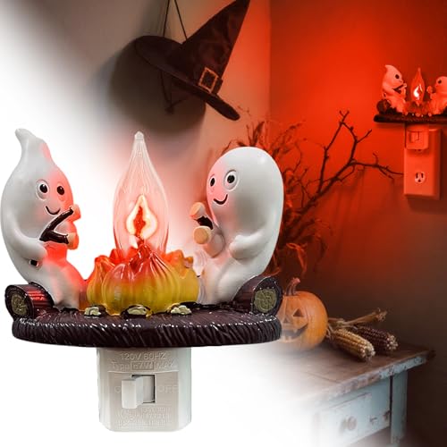 Consdemy Ghost Campfire Flickering Nightlight 120V Plug-in Wall - Realistic Spooky Candles for Party Decor Indoor - Halloween Night Light Campfire Gifts for Families, Friends (Ghost)