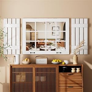 Wall Mounted Farmhouse Decorative Mirror Distressed Wood Windowpane Mirror Rustic Farmhouse Accent Mirror Living Room Entry Decorative Mirror with Hanging Hardware for Bedroom Bathroom Kitchen