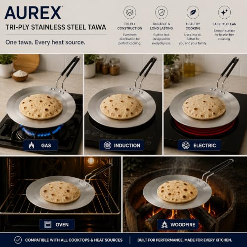 Image of Aurex Triply Stainless Steel Tawa | 26cm,1Kg, 4mm | Induction Friendly | 3-Layer Body, 100% Toxin-Free, No Chemical Coating, Easy to Clean, Less Oil Usage | Roti, Paratha, Chapati |