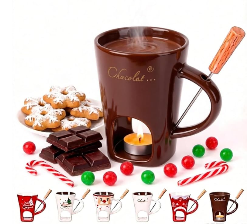 Ponanor Chocolate Fondue Mug, Chocolate Melting Cup with Forks (Brown)