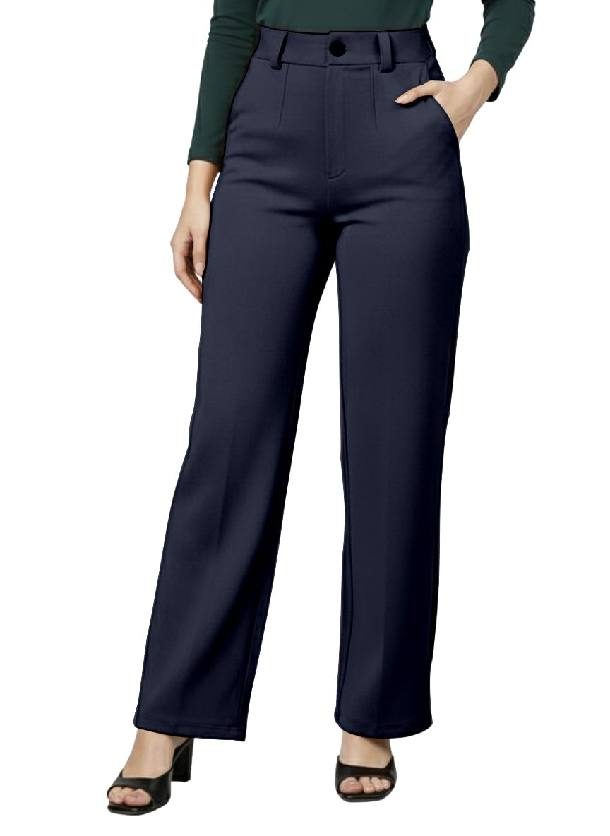 Mehrang Cotton Blend Bootcut Parallel Trouser Pants for Women Regular Fit, Side Pocket, Front Fly Zip Bellbottom Straight Pants for Womens