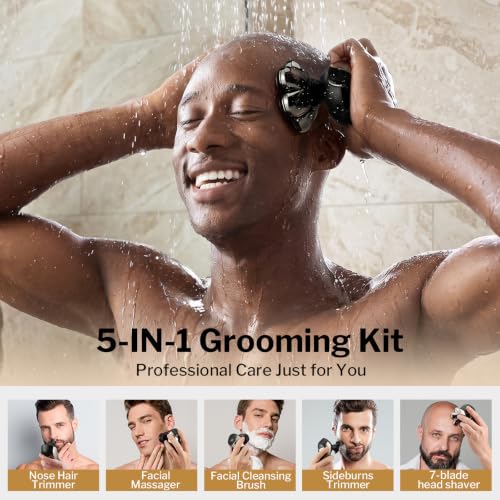 Image of Head Shavers for Bald Men: 5-in-1 Electric Razor with 7D Floating Blades - IPX7 Waterproof Grooming Kit, Detachable Magnetic Head, 90-Min Wet Dry