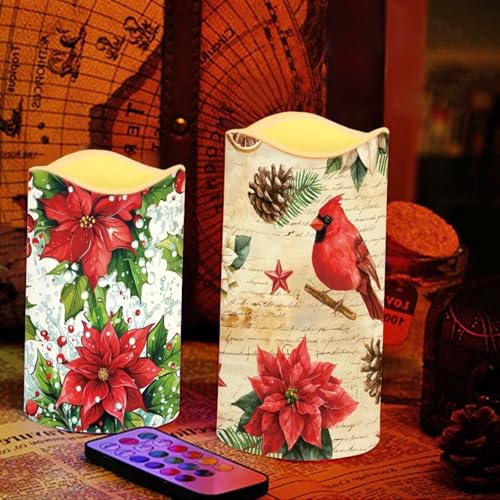 Image of Poinsettia Plastic Flameless Candles with Remote Christmas LED Flickering Battery Operated Color Changing Electric Pillar Candles Christmas Decorations