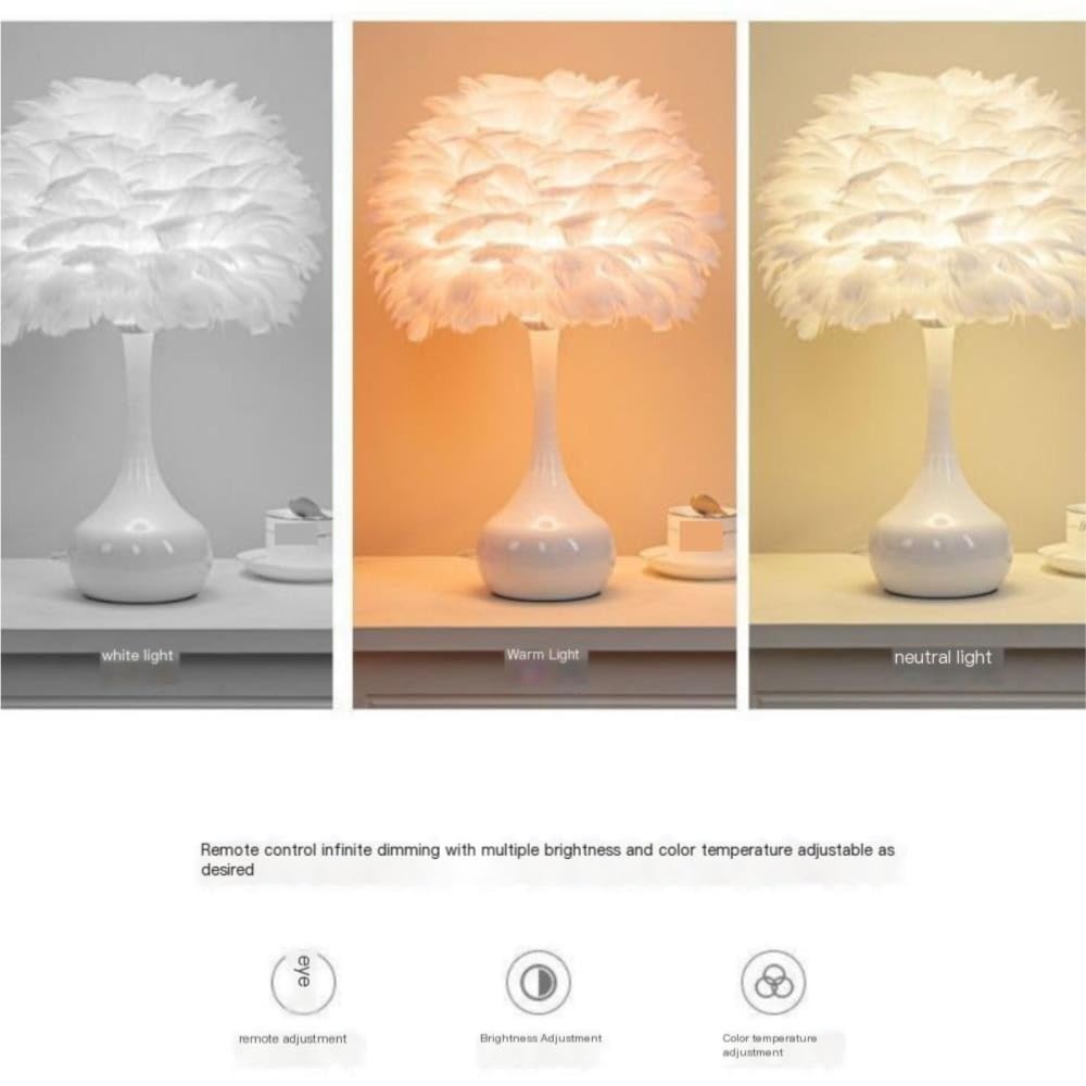 Lampada da tavolo con piume, romantica lampada da comodino | Paralume in piuma, stile romantico, base in metallo, luce ambientale, arredamento della(White)