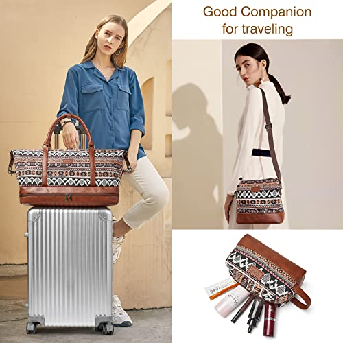 Opage Weekender Bag For Women Canvas Overnight Bag With Shoe Compartment Bohemian Style Travel Duffel Bag With Trolley Sleeve Carry On Tote Bag 3Pcs Set #TOP1