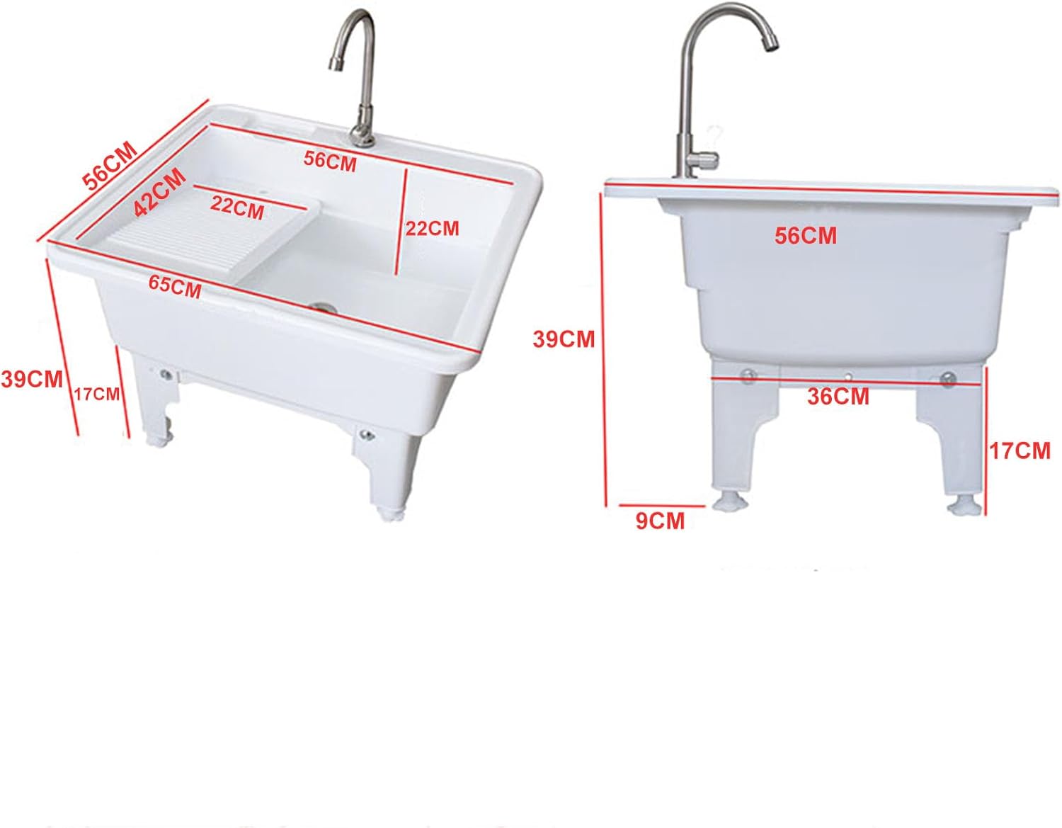 Freestanding Sink Bathroom Sinks Laundry Pool, Classic White Plastic Utility Sink with Washboard, 65x56x39CM, for Workshop/Laundry Room/Garage/Pet Wash Station