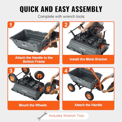 Image of VEVOR 1500lbs Poly Garden Dump Cart Wheelbarrow Wagon with 2 in 1 Convertible Handle, Heavy Duty Yard Cart Wagon for with 13in All Terrain Wheels, Dump Trailer Tow Behind for Lawn Mower Tractor