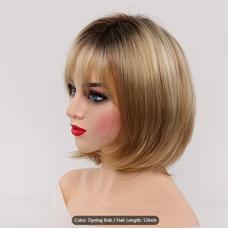 Image of 12-inch Layered Blonde Bob Wigs for White Women with Bangs, Straight Short Hair Wig, Synthetic Ombre Blonde Highlight Bobo Natural Daily Party Wig (Blonde)