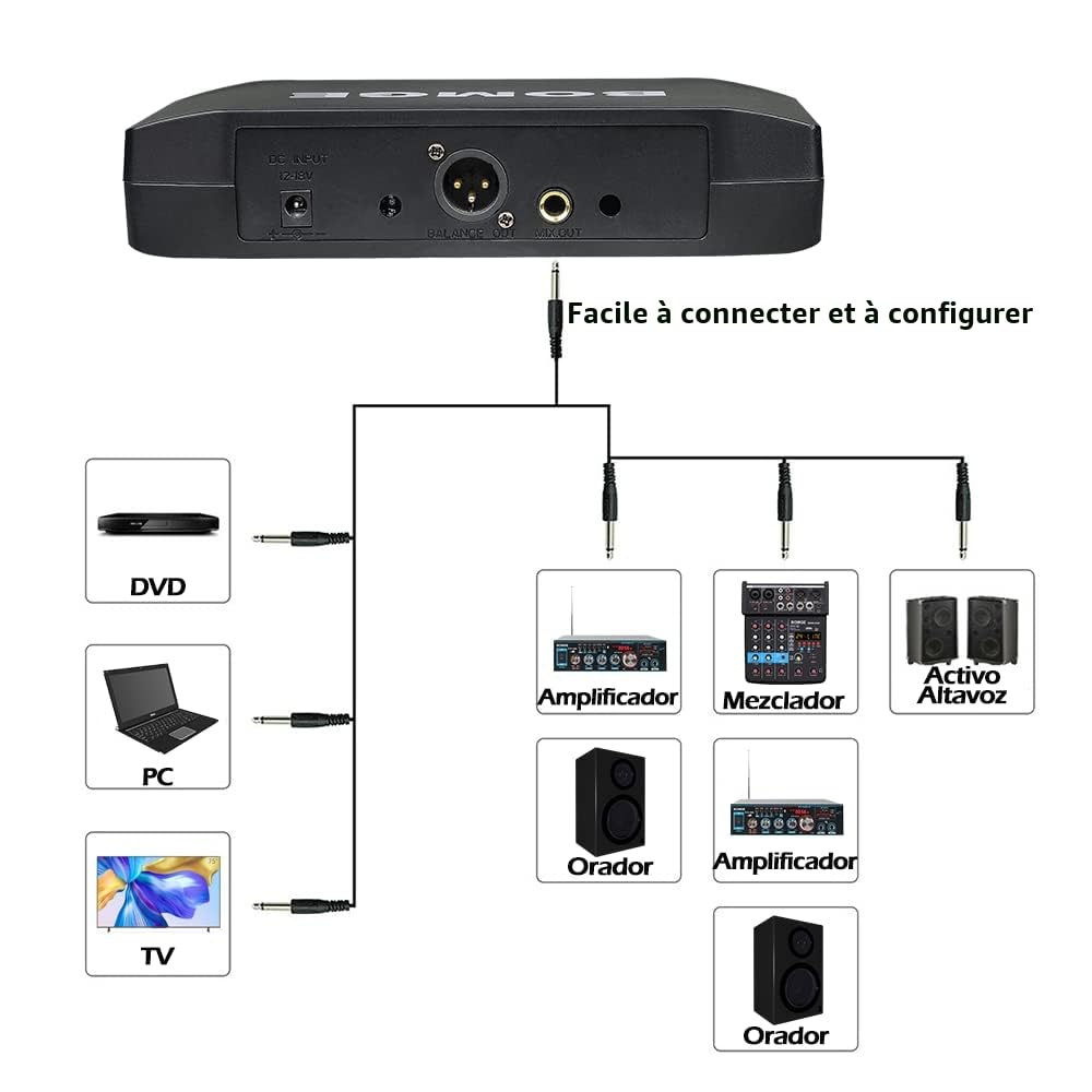 BOMGE Système de microphones sans fil professionnel 4 canaux, 4 micros portables, fréquence fixe, portée 61 m, idéal pour l'église, karaoké, événements