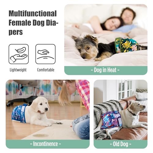 Image of wegreeco Female Dog Diapers, Washable Reusable Pet Puppy Doggie Diapers for Small Medium Large Female Dogs in Heat Period, Doggy Period Panties, 5 Pack, Small, Leaf