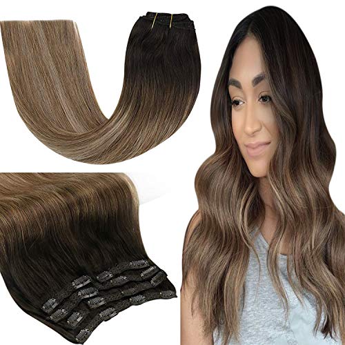 JoYoung Clip in Ombre Hair Extensions 14 inch Ombre Clip in Extensions Darkest Brown to Medium Brown Mix Ash Blonde Ombre Clip in Hair Extensions Human Hair 7pcs 120g