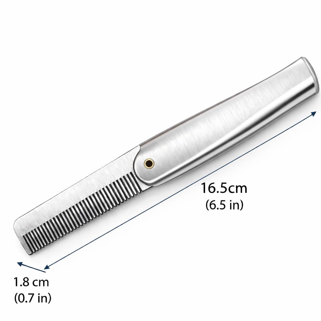 IN SELECT 304 Stainless Steel Folding Bread Comb for Men, Metal Pocket Comb, Static-Reducing Design, Travel Grooming Tool for Hair & Beard, Laser Engraved EDC Gift (Plain Minimal)
