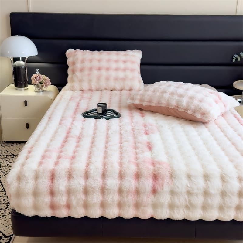 Milk Velvet Bedding Fitted Sheet Mattress Cover, Luxury Soft Fuzzy Bottom Sheet Velvet Fitted Faux Fur Bottom, Flannel Warm Tie Dyed Mattress Cover(Pink,King 70"x79")