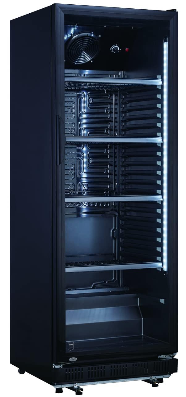 METRO Professional Frigorifero per bevande in acciaio/alluminio, porta in vetro con serratura e chiave, 4 ripiani regolabili, 180 W, illuminazione a LED (Nero, 347 L)