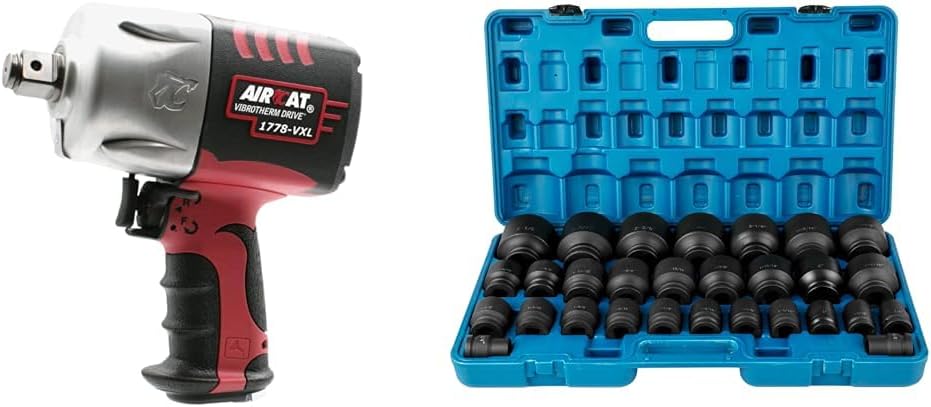 AIRCAT 1778-VXL 3/4-Inch 1,450 ft-lb Vibrotherm Drive Ergonomic Impact Wrench & VEVOR 29-Piece 3/4-Inch Drive Impact Socket Set