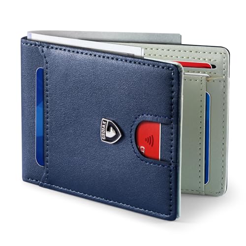 Image of GSOIAX Mens Slim Wallet RFID Blocking Bifold Carbon Fiber Thin wallets for men Minimalist Genuine Leather Card Holder Money Clip with Gift Box(Dark Blue and Beige)