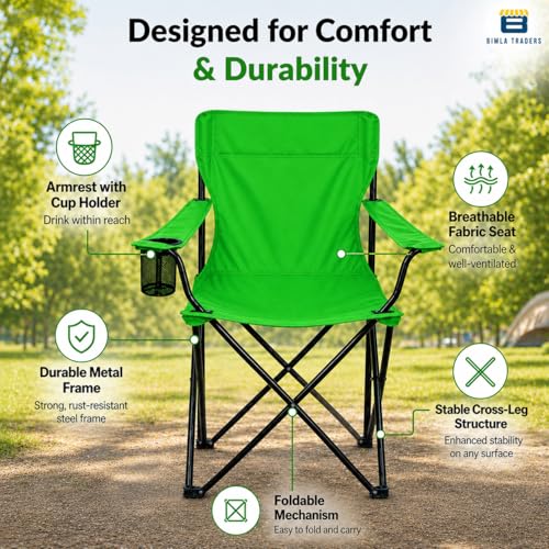 Image of BTAG Foldable Camping Chair with Armrest & Cup Holder, Portable Outdoor Chair with Carry Bag for Camping, Picnic, Fishing & Travel - Green