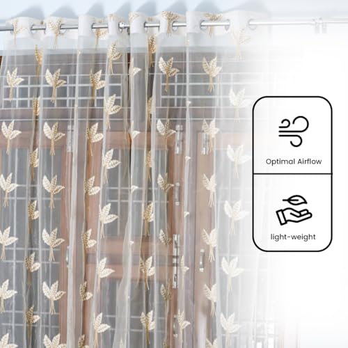 Image of Fabrilia Luxury Gold Leaf Embroidered Sheer Curtains - Premium Tissue Net Transparent Grommet Panels for Living Room & Bedroom, Cream & Gold (5 feet, Set of 2)