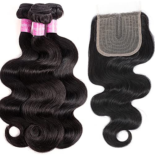 Abbily 10A Brazilian Body Wave Bundles with Closure(12 14 16+12 Closure)Human Hair 3 Bundles with T Part Middle Part Closure Braziian Virgin Human Hair Bundles with 4x0.75inch Hand-Tied Lace Closure