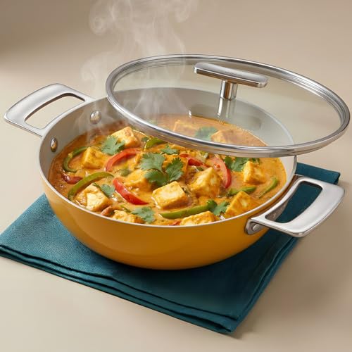 Image of Ember Cookware Arcilla Ceramic Kadai 24 cm, 2.6L with Metallic Lid | 75% Less Oil Usage | Lightweight, Non-Toxic Non-Stick Ceramic Kadai | PFAS & PFOA Free | Induction Cookware | Benares Gold