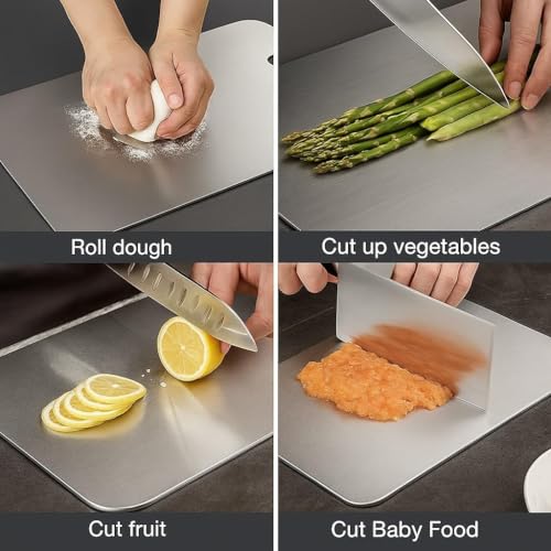 Image of Empune 304 Stainless Steel Rectangular Chopping Board for Kitchen | with 1 Steel Straw & Anti-Skid Silicon Pad | Both Side Usable | for Cutting Vegetables, Meat, Fish, Fruits | M | 31 x 21 cm