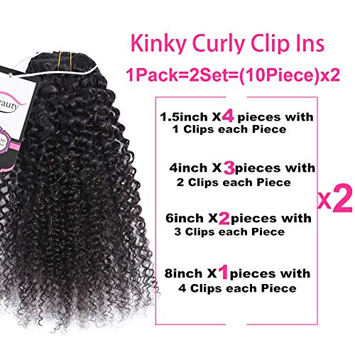 Urbeauty Kinkys Curly Clip in Human Hair Extensions for Black Women, 14 inch X2 Afro 3C 4A Curly clip ins Human Hair Extension 2 Set together 200gram/package
