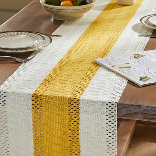 Image of ZeeMart Macrame Style Bicolor Stitching Table Runner, 14 x 60 Inch Mustard /Ivory, Boho Yellow Table Runners 60 Inches Long, Farmhouse Woven Home Decor
