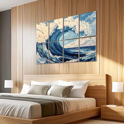 8 Pack Paneles acústicos artísticos de espuma absorbente de sonido con diseño de ondas oceánicas azul y blanco, paneles decorativos autoadhesivos para estudios de grabación y oficina 48"x32" miniatura 5