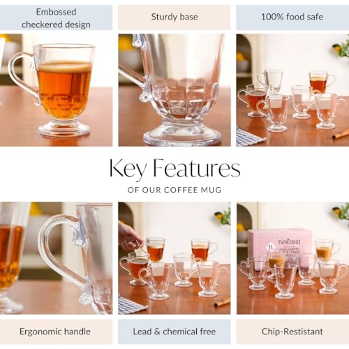 Image of Nestasia Set of 6 Transparent Glass Tea Cups (196ml Each) - Textured 100% Food Safe & Chip-Resistant Glass Set | Perfect for Irish Coffee, Tea, Hot & Cold Beverages