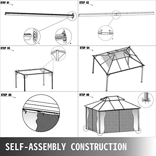 Happybuy Polycarbonate Hardtop Roof Gazebo 10' X 10' With Netting - Metal Gazebo Aluminum Permanent Double Tier Roof- Gazebos For Patios, Backyard, Outdoor And Lawn #TOP6