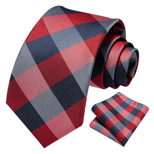 Image of HISDERN Ties for Men Plaid Checkered Tie with Pocket Square Woven Business Formal Necktie Handkerchief Set Wedding Party