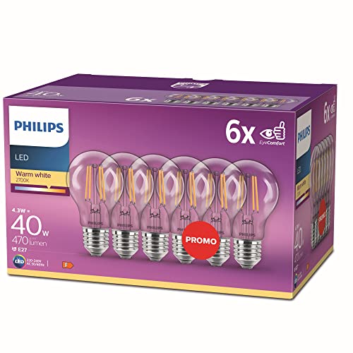 Philips ampoule LED Standard E27 40W Blanc Chaud Claire, Verre, Lot de 6
