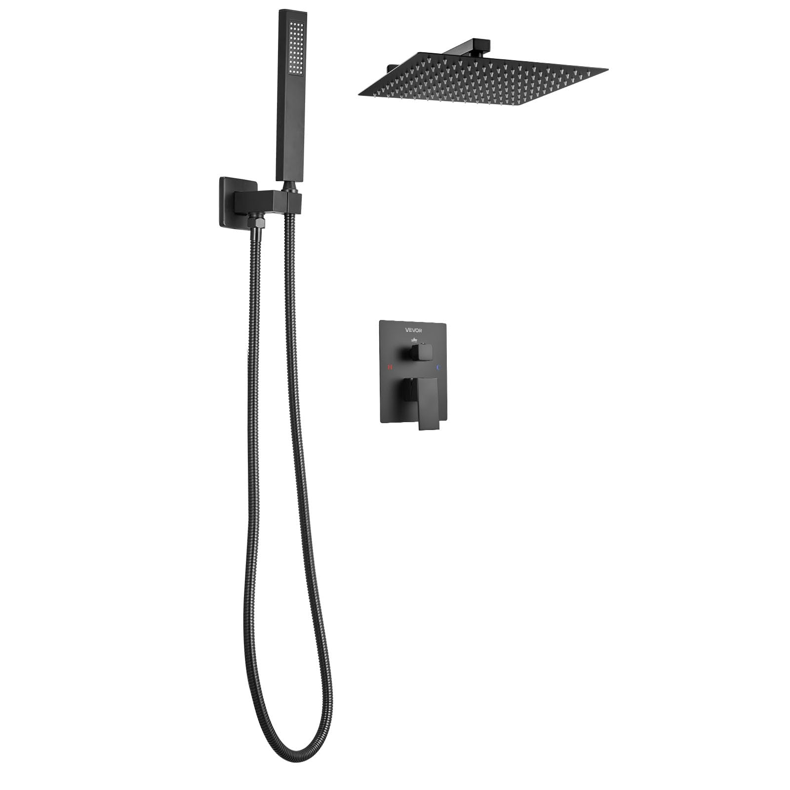 VEVOR Juego de Grifo de Ducha de Lluvia con Cabezal de Ducha Cuadrado de 30,5 cm y Rociador de Mano, Grifería de Baño de Pared con Válvula de Latón y Kit de Embellecedor, 6,7 L/min, Negro Mate