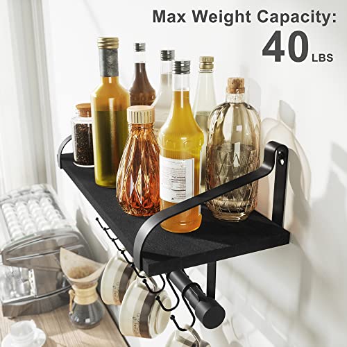 Love-KANKEI Floating Shelf Wall Shelf for Storage Rustic Wood Kitchen Spice Rack with Towel Bar and 8 Removable Hooks for Organize Cooking Utensils or Mugs Black - Thumbnail 6