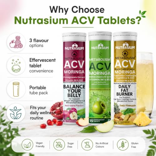 Image of Nutrasium ACV Moringa Metabolism Plus | Apple Cider Vinegar Effervescent Tablet | For Supports Weight Loss, Control Cravings, Convert Fat Into Energy, Boost Energy & Immunity | 90 Tablets Mix Fruit