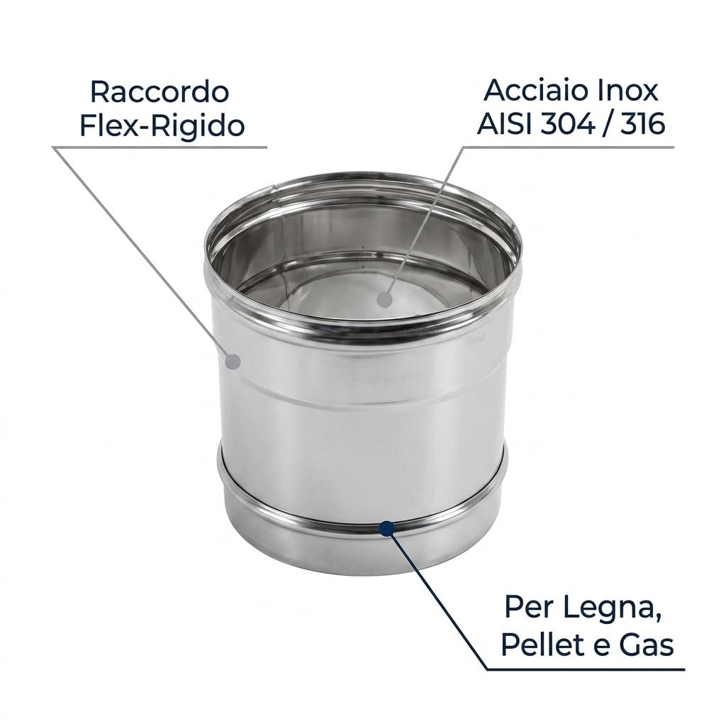 MAKA Raccordo Flex-Rigido per Canna Fumaria in Acciaio Inox, Giunzione da Tubo Flessibile a Tubo Rigido Monoparete (Ø 300 mm, AISI 316)