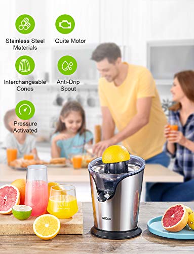 Aicok Electric Orange Juicer Squeezer, Citrus Juicer Electric with Two Interchangeable Cones Suitable for All Size of Citrus Fruits, 100W Ultra Quiet Motor, BPA Free, Brushed Stainless Steel - Thumbnail 7
