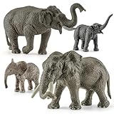 THINKBAY 4PCS Safari Elephant Animals Figurines Toys, Plastic Zoo Animals Toys for Kids Includes African & Asian Elephant and Cubs, Birthday Gift Party Favors Cake Toppers for Boys Girls