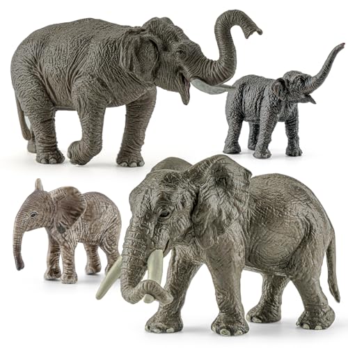 THINKBAY 4PCS Safari Elephant Animals Figurines Toys, Plastic Zoo Animals Toys for Kids Includes African & Asian Elephant and Cubs, Birthday Gift Party Favors Cake Toppers for Boys Girls