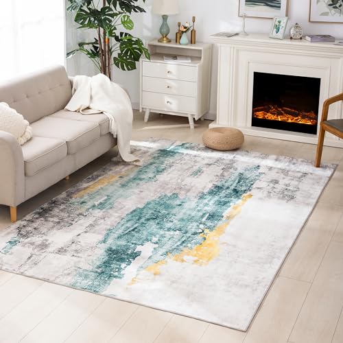 Carvapet 8 x 10 Rugs for Living Room, Teal Modern Abstract Low Pile Large Carpet with Rubber Backing, Foldable, Non Slip Machine Washable (10 x 8 Feet Rectangular, Teal/Grey Area Rug)
