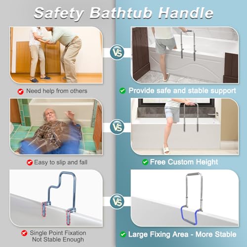 Bathtub Rails for Seniors Shower Grab Bars Clamp on Tub Rail Bath Tub Handles Heavy Duty Safety Support Bar Handicap Tub Bar for Elderly Help Getting Out of Bathtub No Drill Bathroom Grip Bars Devices